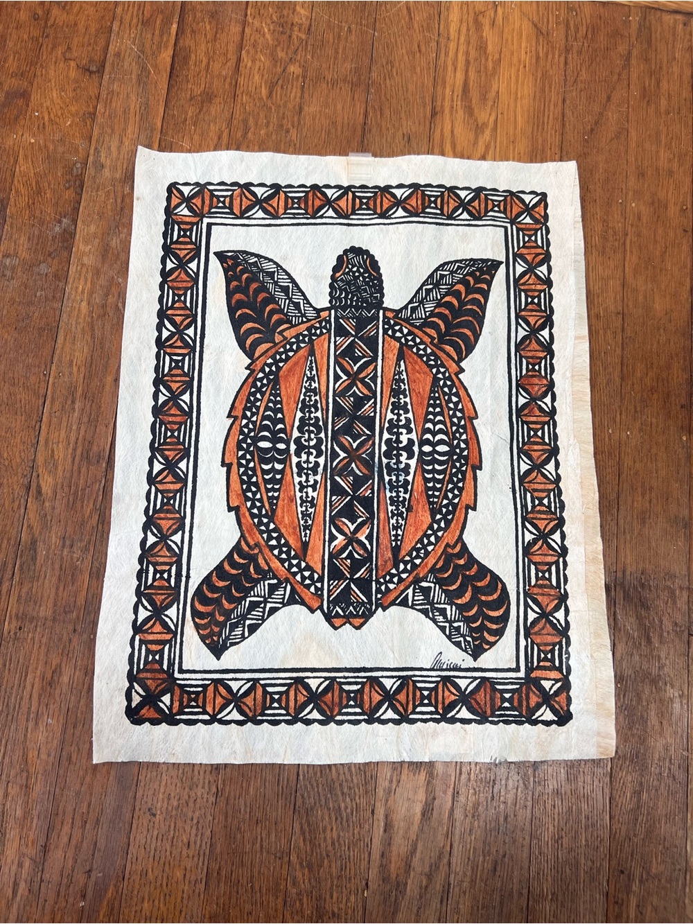Vintage TORTOISE Artist Signed Tapa Cloth Hawaiian Tiki Wall Art Home Decor